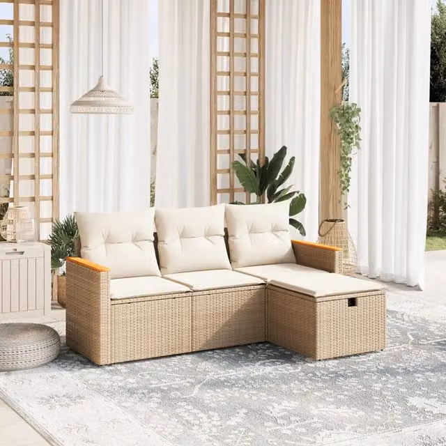 Set Divano da Giardino 4 pz con Cuscini-Sofa da Giardino-Divanetto da esterno Beige in Polyrattan 903453