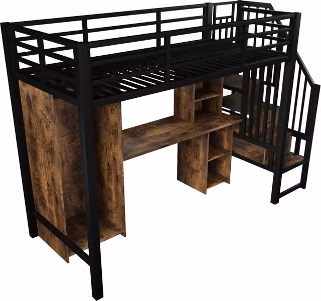Letto a soppalco singolo moderno in metallo e MDF nero con armadio, scrivania, ripiani e scala, L/P: 90 x 200 cm, H: 251.2 cm