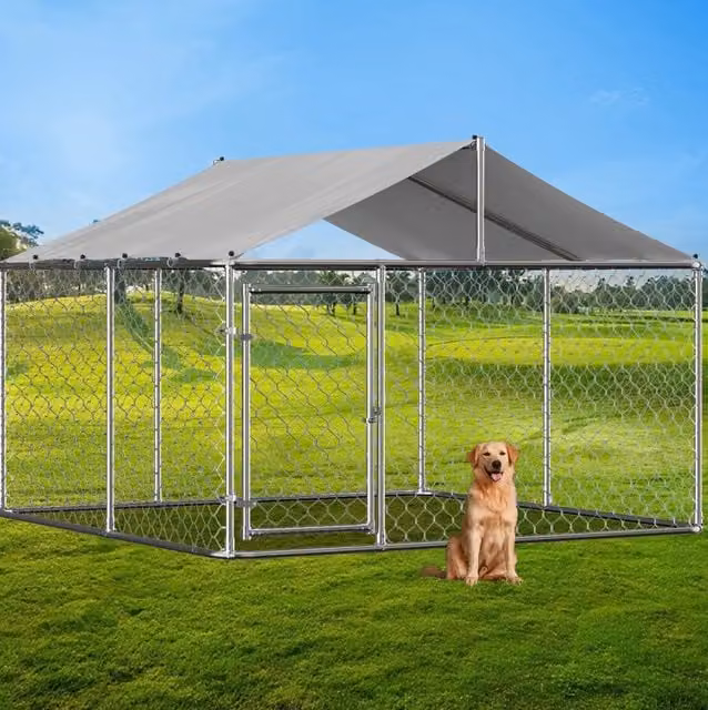 Recinto per cani da esterno 230x230x117 cm con tetto in acciaio zincato e telo impermeabile resistente ai raggi UV