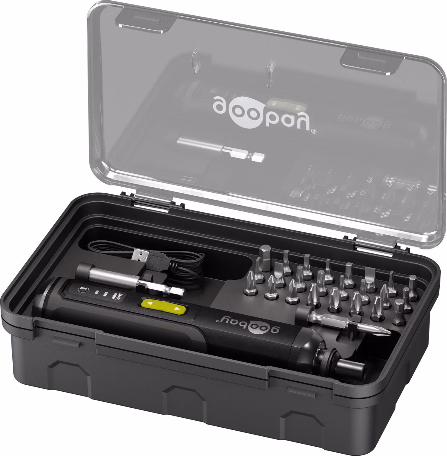 Goobay 77816 Set mini avvitatore a batteria 28 pezzi, nero, 0,5 m - Avvitatore a barra con set di utensili composto da 24 punte, 1 prolunga, 1 supporto e 1 adattatore in acciaio al cromo-vanadio
