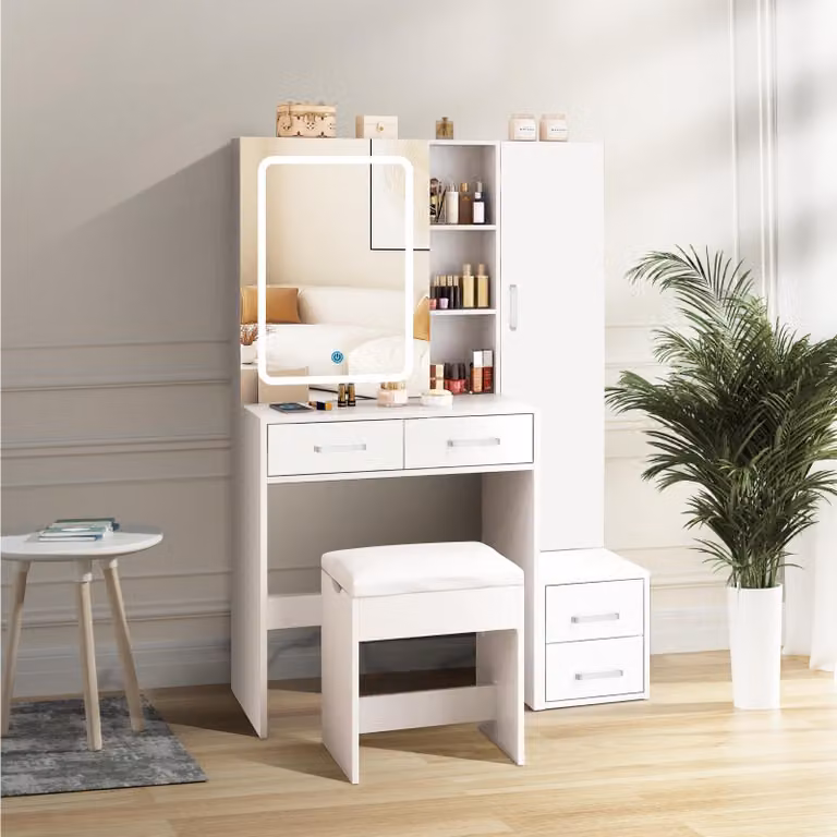 AIORBER Tavolo da toilette con specchio LED, cassetti e sgabello, tavolo da toilette con illuminazione, ampio ripiano, tavolo da toilette, bianco