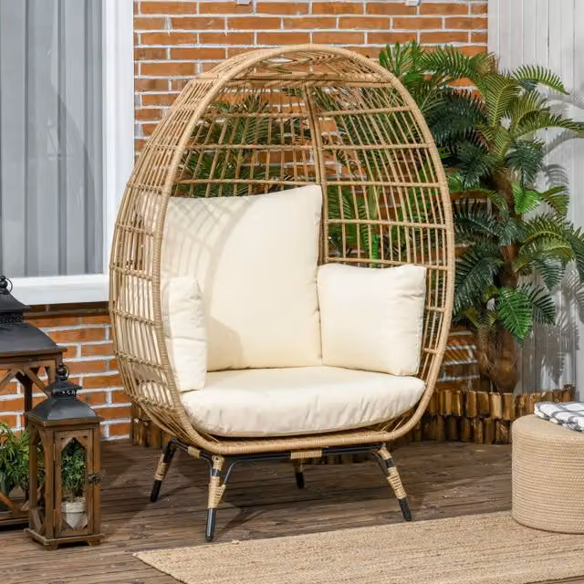 Poltrona Cesto Ovale REDOM in Rattan Sintetico e Acciaio Lacciato Khaki L: 105 cm, P: 90 cm, H: 148 cm – 1