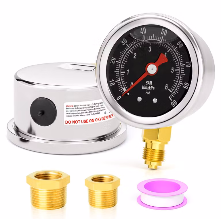Manometro da 1/8" BSP, quadrante da 1,5", riempito con glicerina, scala da 0 a 90 psi