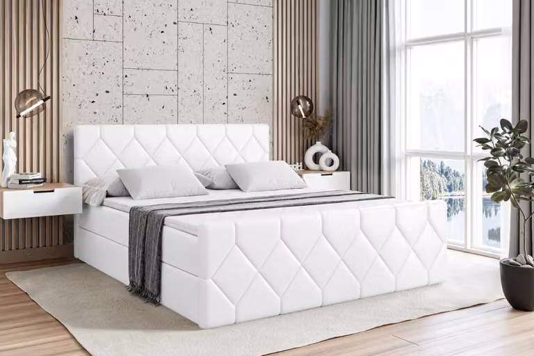 Letto boxspring ALTDECOR con pediera, materasso H3 e topper - 140x200 cm - CATOR-Z - Pelle finta bianca - Letto imbottito con contenitore e rete a doghe, letto con spazio contenitivo