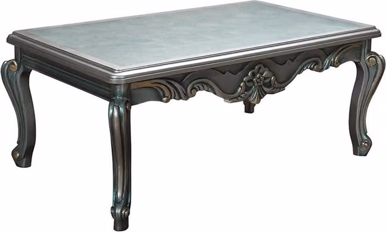 Casa Padrino tavolino barocco grigio / verde / oro 113 x 70 x h. 50 cm - Tavolino rettangolare da salotto in legno massiccio con piano in vetro