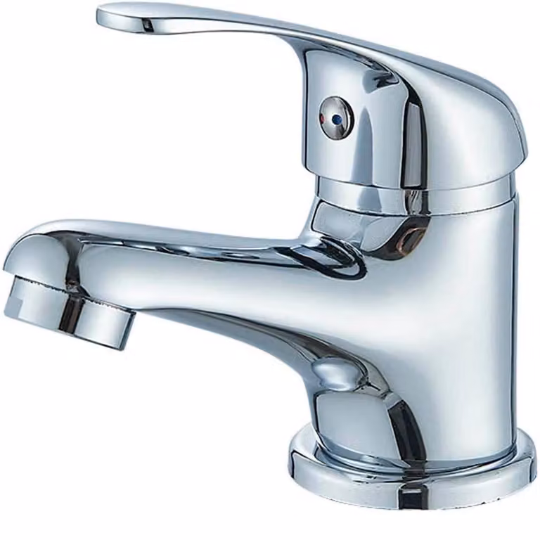 Miscelatore monocomando per lavabo, in ottone cromato, con asta di comando e scarico a bassa altezza