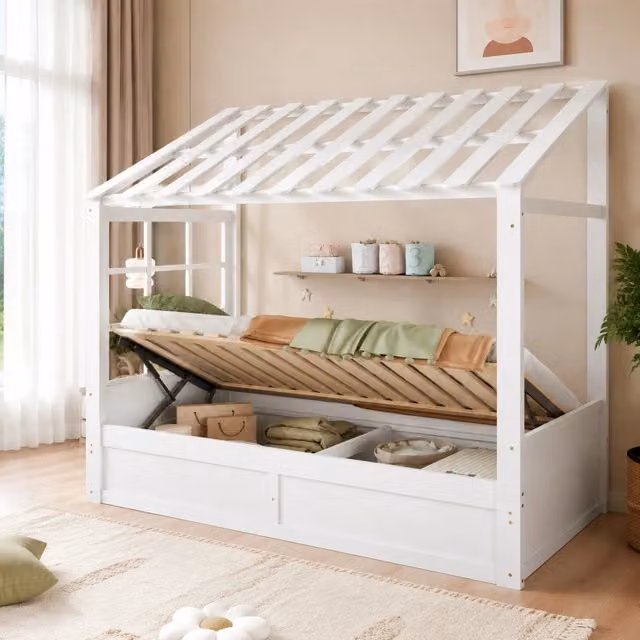 Letto per bambini 90 x 200 cm a casetta bianco con vano idraulico e ripiani laterali