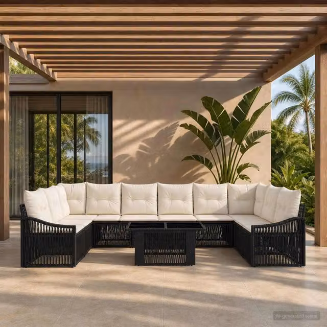 Set Divano da Giardino 11 pz Nero e Bianco Crema polyrattan 3437299