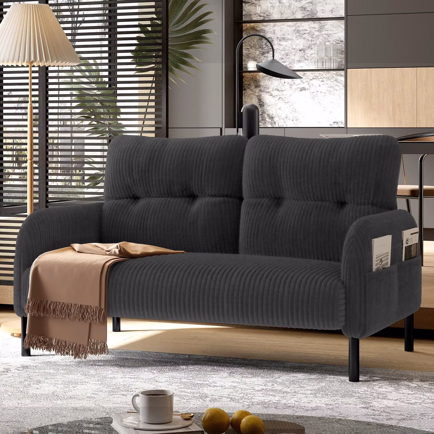 okwish Moderno divano a due posti con schienale ergonomico e braccioli, rivestito in velluto a coste, con gambe in metallo e tasche laterali, grigio