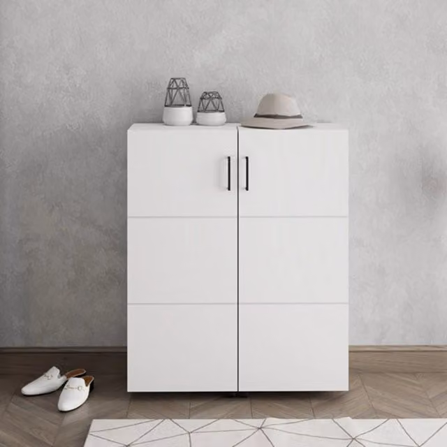 Scarpiera DMORA Ystad con 9 ripiani, finitura bianco opaco, L 92 cm x P 33 cm x H 113 cm