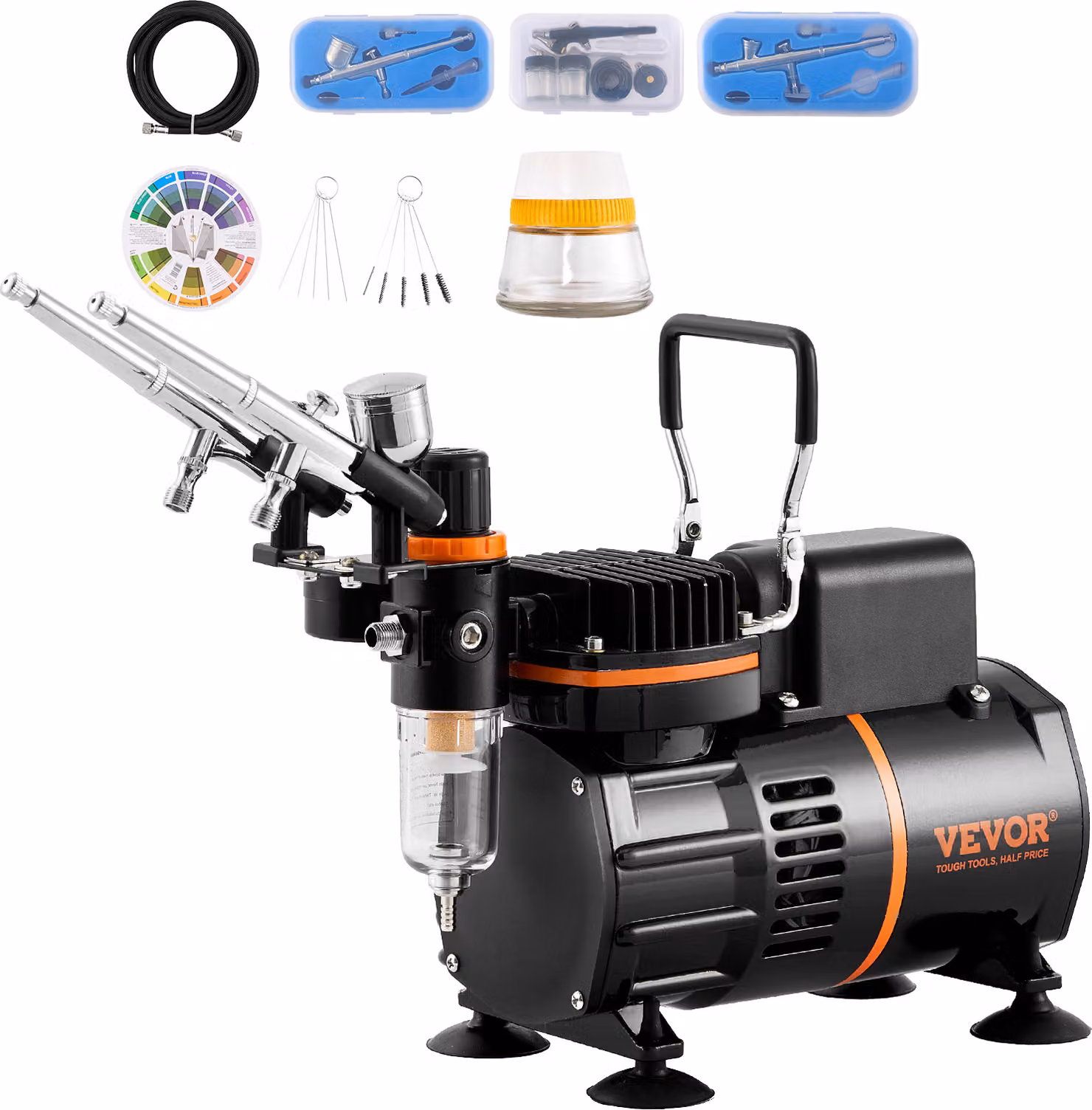 Set di aerografi VEVOR, compressore d'aria con doppia ventola, sistema di aerografi professionali con 3 aerografi, supporto, ruota di miscelazione dei colori, set di pennelli per la pulizia, set di aerografi per arte, unghie, biscotti, trucco, K