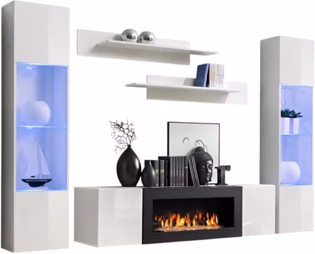 Set di mobili sospesi con camino decorativo collezione FLY M3 Meublorama colore bianco – 1
