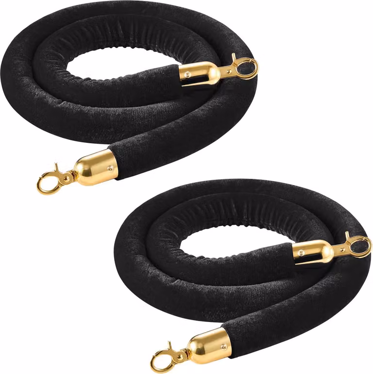 Corda di delimitazione in velluto Corda di delimitazione - Set da 2 - Lunghezza 1,5 m - Moschettoni dorati - Per pali di delimitazione e guida dei visitatori - Nero