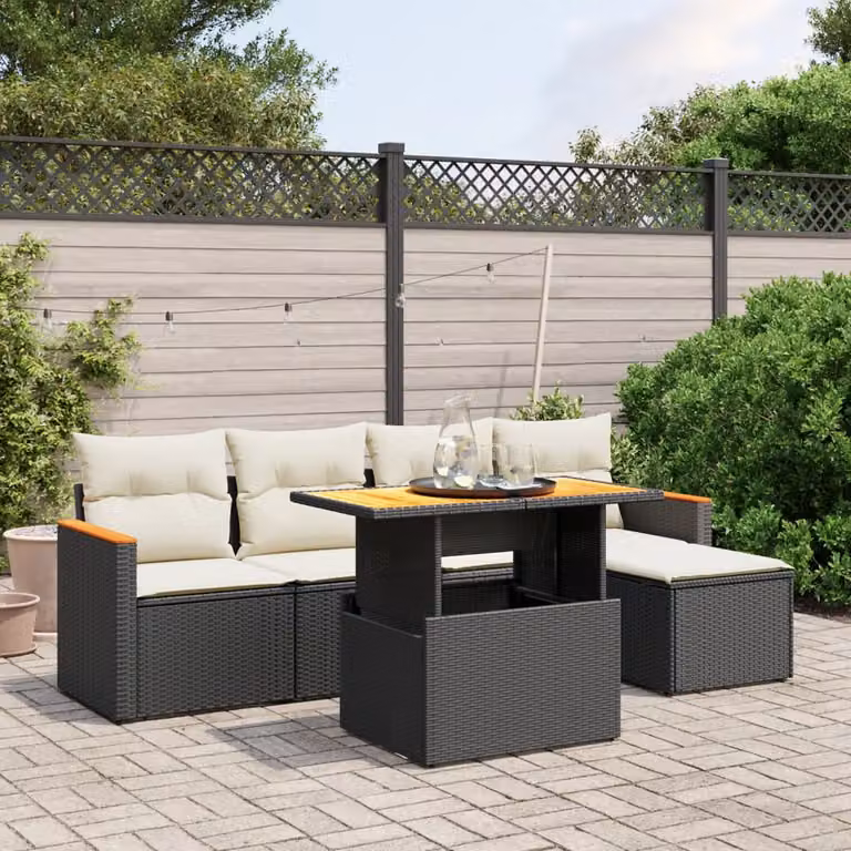 vidaXL Set Divano da Giardino a L in Polyrattan Nero con Cuscini e Tavolino da 6 Pezzi