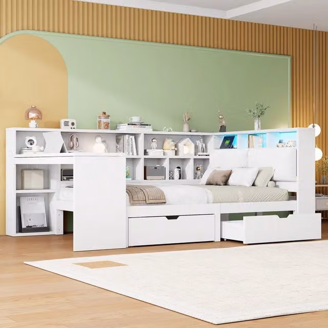 Letto a piattaforma in legno a L 140x200 cm con scrivania e libreria, letto angolare con testiera imbottita, cassetti sotto il letto, luce LED, Bianco