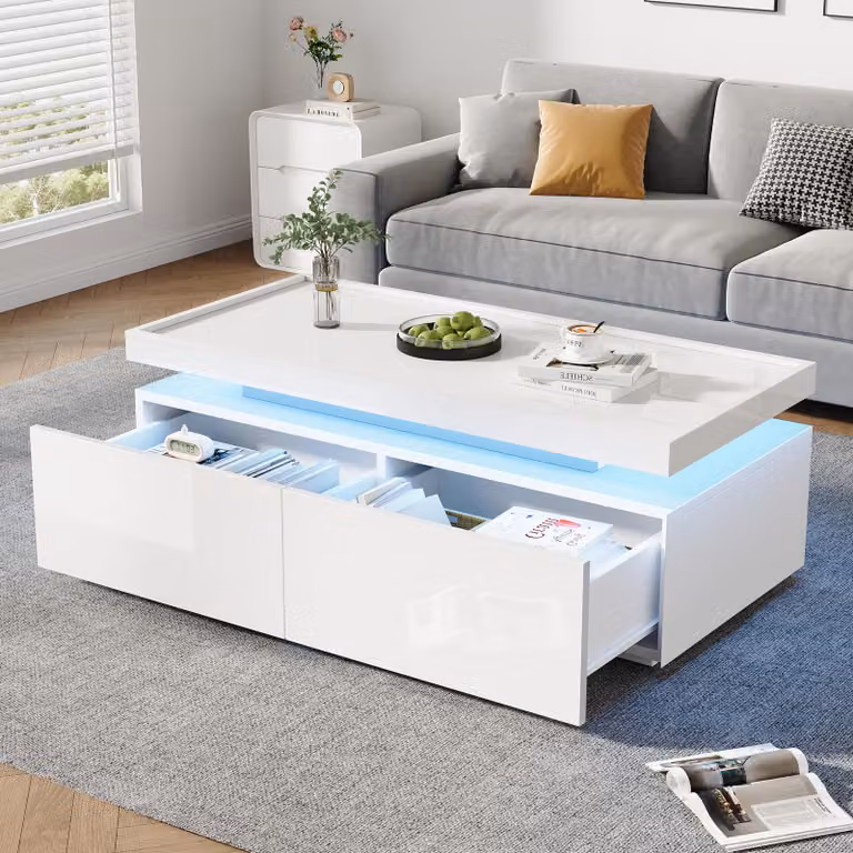 STILVORA Tavolino da salotto con 2 cassetti, tavolino da caffè con luce a LED e vano portaoggetti aperto, tavolino da salotto lucido con design geometrico, bianco