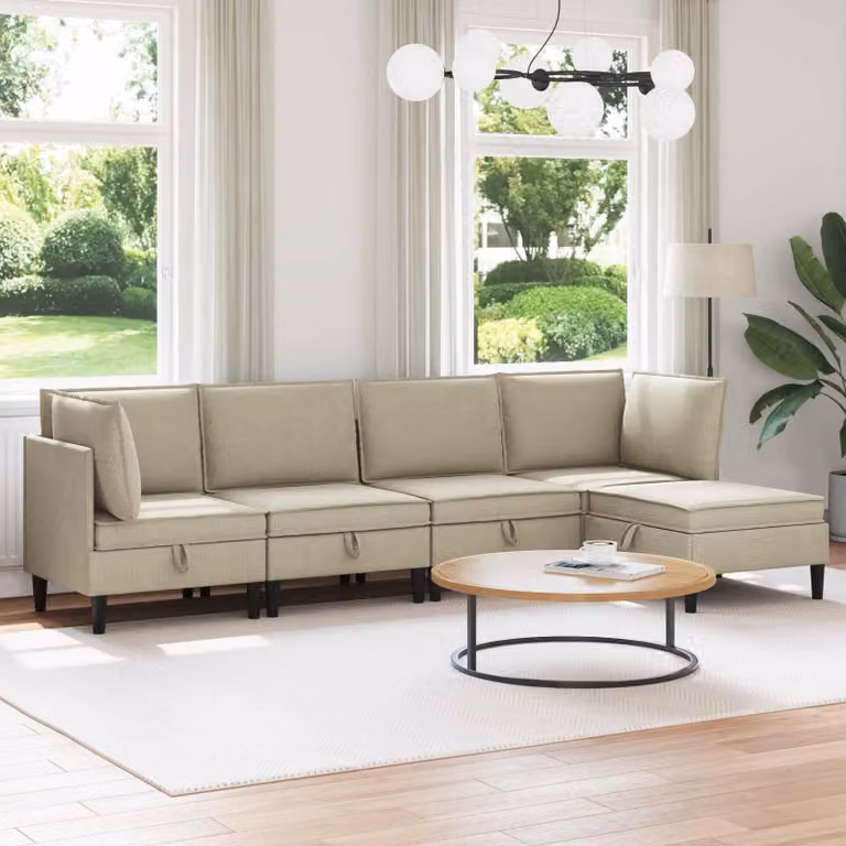 Set di mobili per il soggiorno vidaXL in tessuto color sabbia e marrone, design moderno a L con schienale imbottito e cuscini inclusi