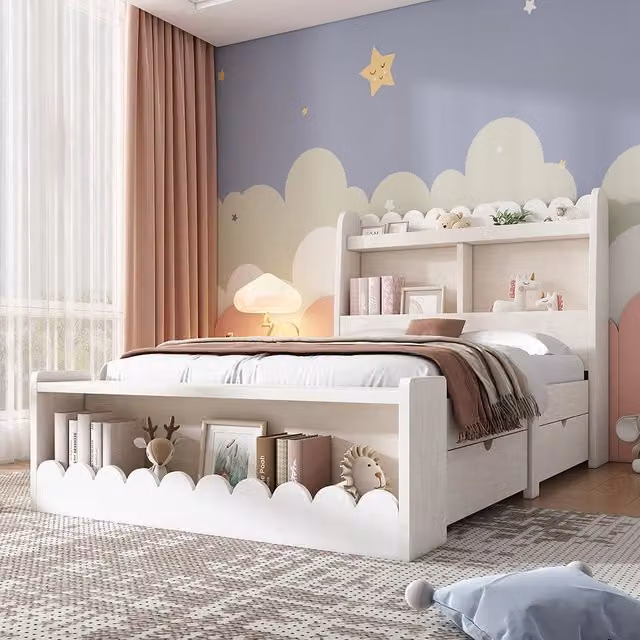 Letto a scomparsa per bambini - Xylo - 90x190 cm - Bianco - con cassetti, scaffale e panca