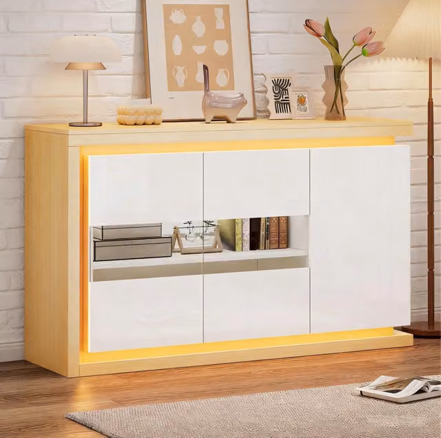 Credenza da soggiorno moderna MODFU in bianco lucido con illuminazione LED e vetro, L 140 cm x P 40 cm x H 84 cm