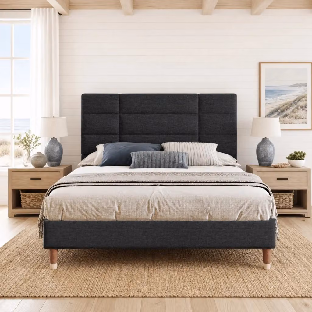 Letto matrimoniale imbottito MODFU in lino nero con rete a doghe e testiera L/P: 140 x 200 cm – 2