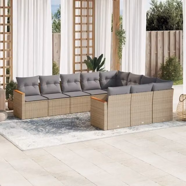 vidaXL Set Divano da Giardino 10 pz in Polyrattan con Cuscini Beige e Grigio e Struttura in Legno di Acacia