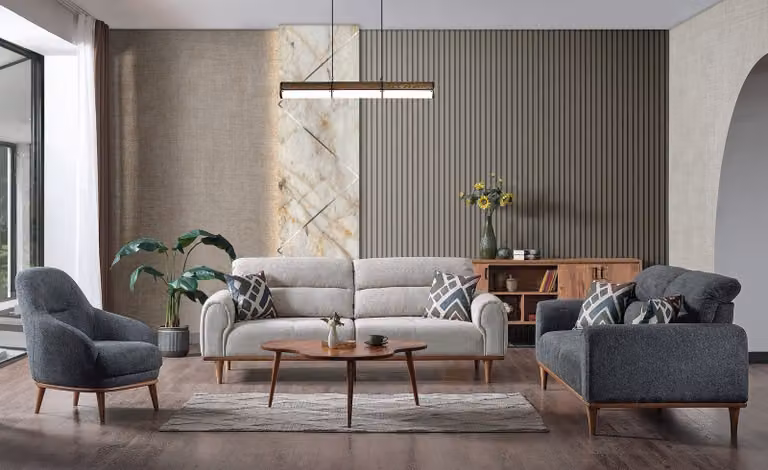 Sofagarnitur 3+3+1 Sitzer Wohnzimmer Set Komplett Textil Sofa Sessel Holz