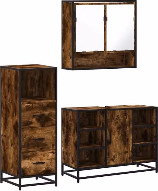 Set Mobili da Bagno | Armadio da bagno 3 pz Rovere Fumo in Legno Multistrato