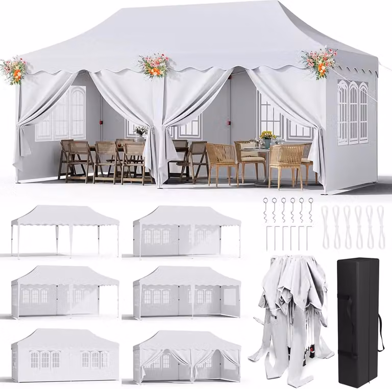Gazebo pieghevole 3x6 metri - Tenda per feste - Impermeabile - 6 pannelli laterali rimovibili - Struttura in acciaio - Protezione UV 50+ - Adatto anche per l'inverno - Colore: bianco