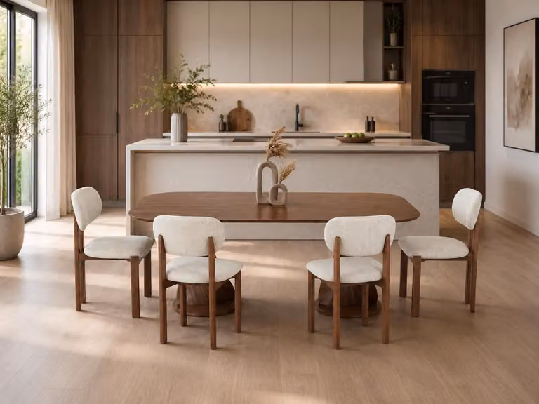 Set per sala da pranzo: tavolo da pranzo e 4 sedie, design moderno, colore marrone, elegante, versatile