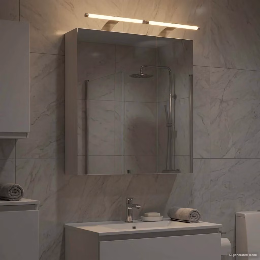 Mobiletto per specchio da bagno DESIGN IN bianco con illuminazione LED e ripiani interni, L: 60 cm, P: 14,5 cm, H: 70 cm – 2