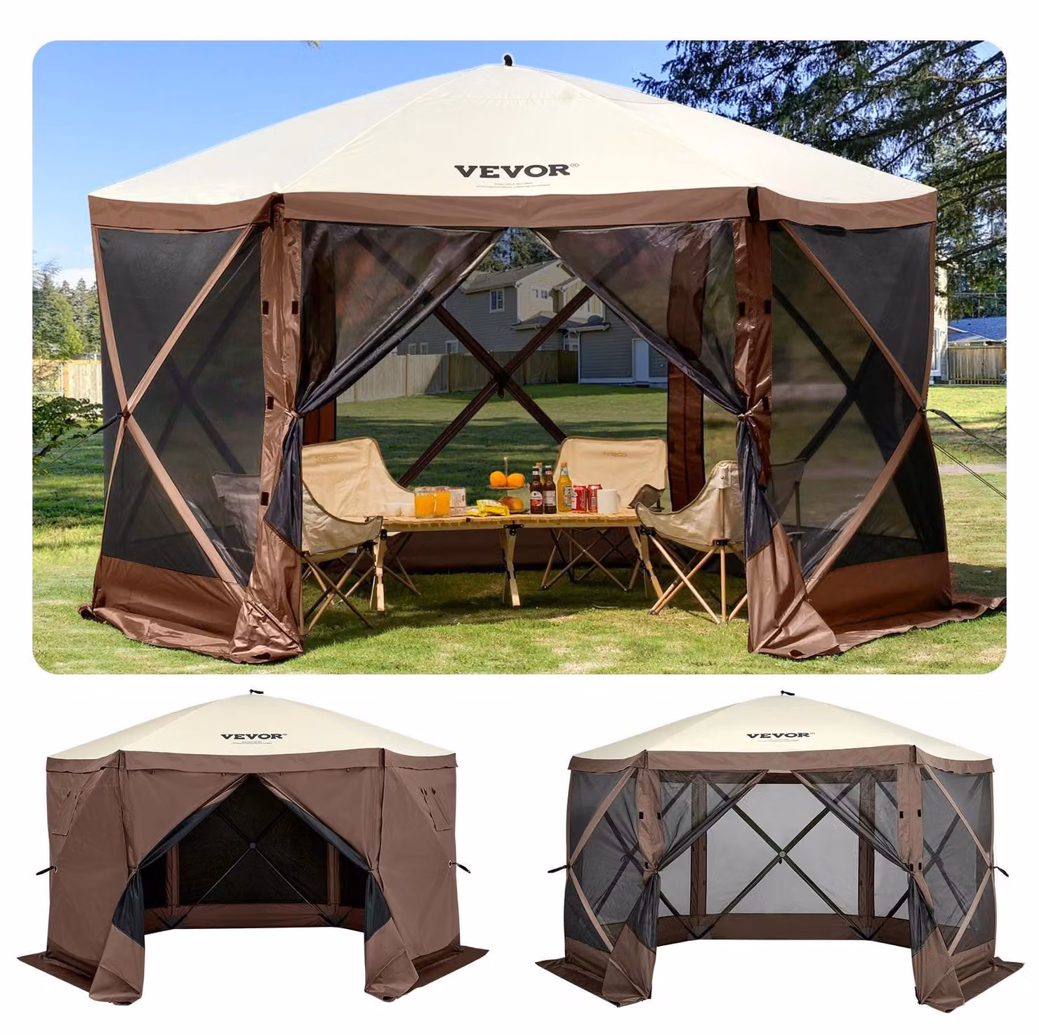 Tenda gazebo VEVOR, 10 x 10 piedi, tenda pop-up da campeggio a 6 lati con finestre a rete, borsa portatile per il trasporto, picchetti per il terreno, grandi tende da ombra per il campeggio all'aperto, il prato e il cortile
