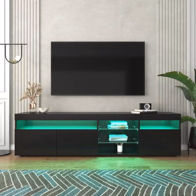 Mobile TV moderno nero con pannello chiaro, illuminazione LED variabile, 180 cm per soggiorno e sala da pranzo