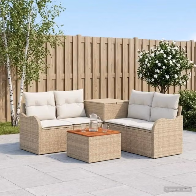 Set di divani da giardino a L vidaXL in stile moderno con tavolino da caffè e pouf, colore beige e bianco, struttura in metallo e rattan resistente alle intemperie – 1
