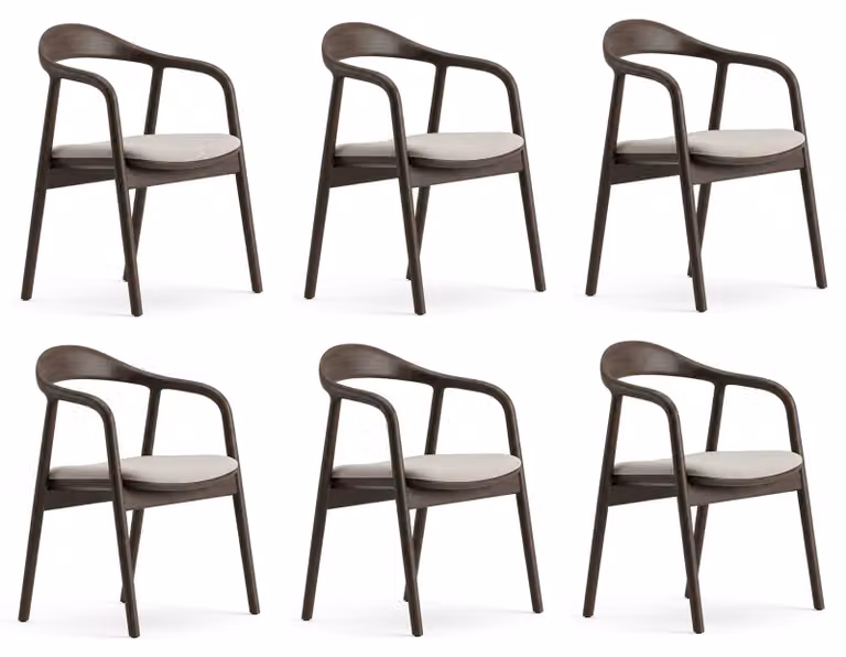 Set di 6 sedie marroni beige, con struttura in legno, design moderno, schienale e braccioli, tinta unita, confortevoli