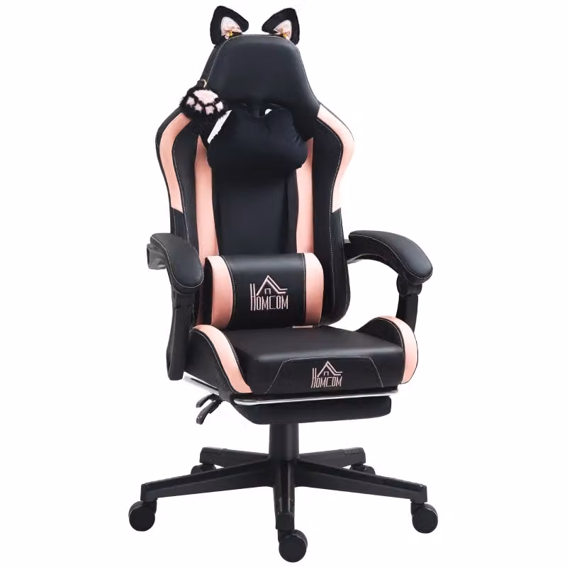 Sedia da gaming con orecchie da gatto reclinabile con poggiapiedi in similpelle nera e gialla – 2