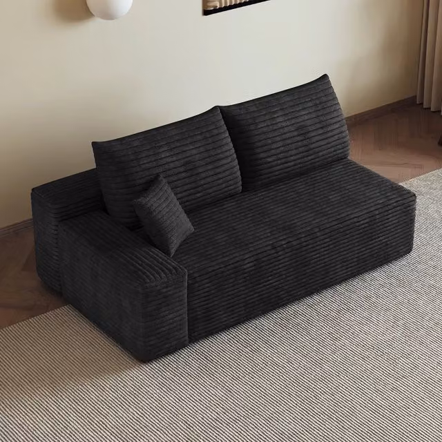 Divano modulare con chaise longue a 2 posti in tessuto a coste senza montaggio con seduta ampia nero