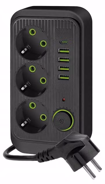 Ciabatta Kobi con 3 prese, 4 porte USB, 1 porta USB-C, lunghezza del cavo 5 metri, con interruttore