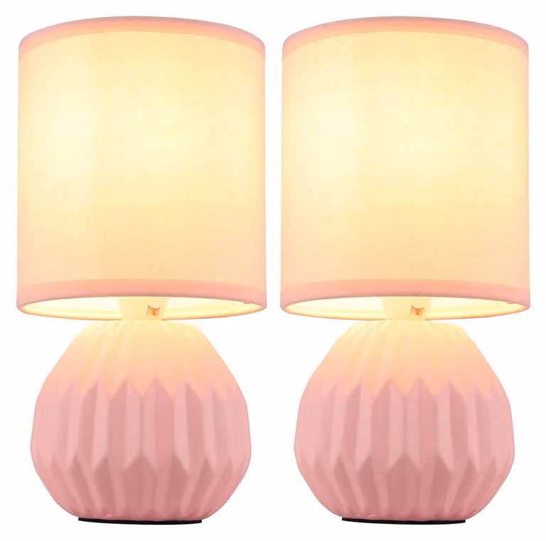 2 lampade da tavolo, in Vetroceramica e tessuto, color rosa, altezza 23 cm