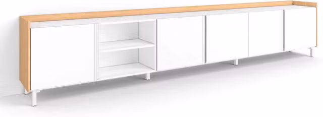 Mobile TV Soggiorno, 309x61x35 cm, Per TV fino a 80", Design industriale, Bianco e Rovere soft