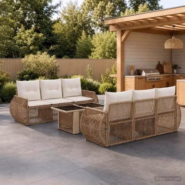 Set Divano da Giardino 7 Pezzi vidaXL in Polyrattan Beige e Bianco con Cuscini e Tavolino da Caffè – 1