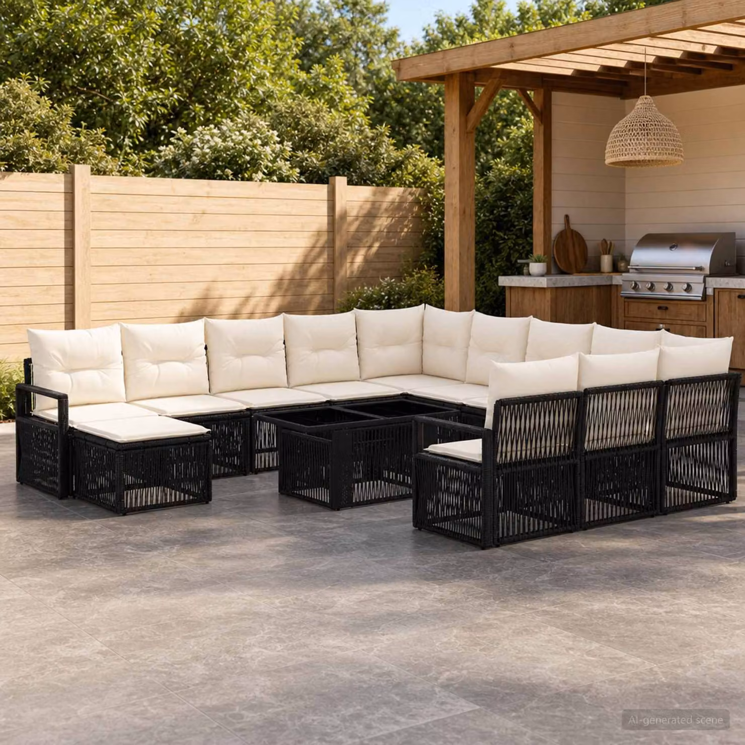 Set Divano da Giardino vidaXL 13 pz in Polyrattan Nero e Bianco Crema con Cuscini e Tavolino