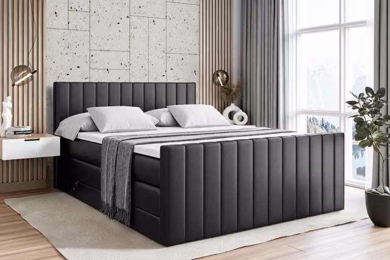 Letto boxspring ALTDECOR con pediera, 2 materassi e topper - 180x200 cm - EDITA-Z KING - Pelle finta nera - Letto imbottito con materassi H3 e H4, contenitore e rete a doghe, letto con spazio contenitivo