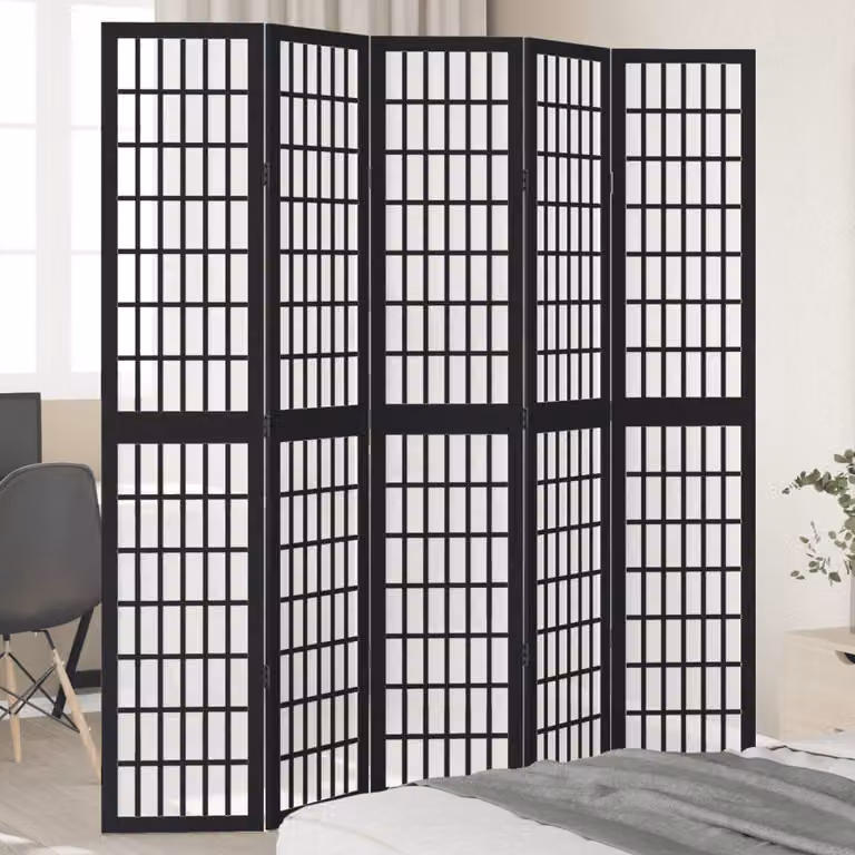 Divisorio Ambienti vidaXL con 5 Pannelli in Legno Massello di Paulownia Nero Opaco H: 180 cm, L: 200 cm