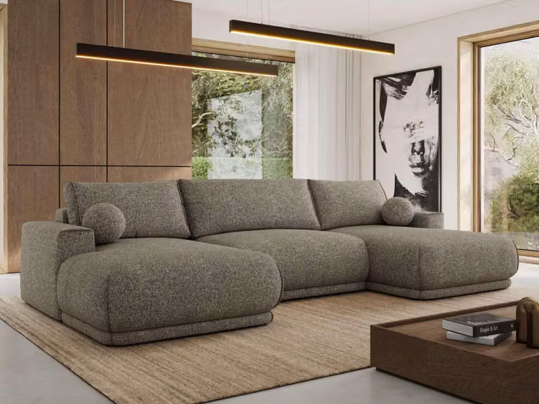 MKS MEBLE Divano ad angolo XXL RINA, divano componibile a forma di U con funzione letto e molle ondulate, funzione letto a scomparsa - Grigio Strutturato