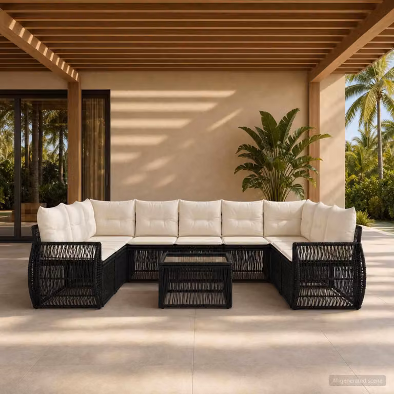 Maison Exclusive - Set da giardino composto da 10 pezzi. Divano da giardino in rattan sintetico, colore nero e crema