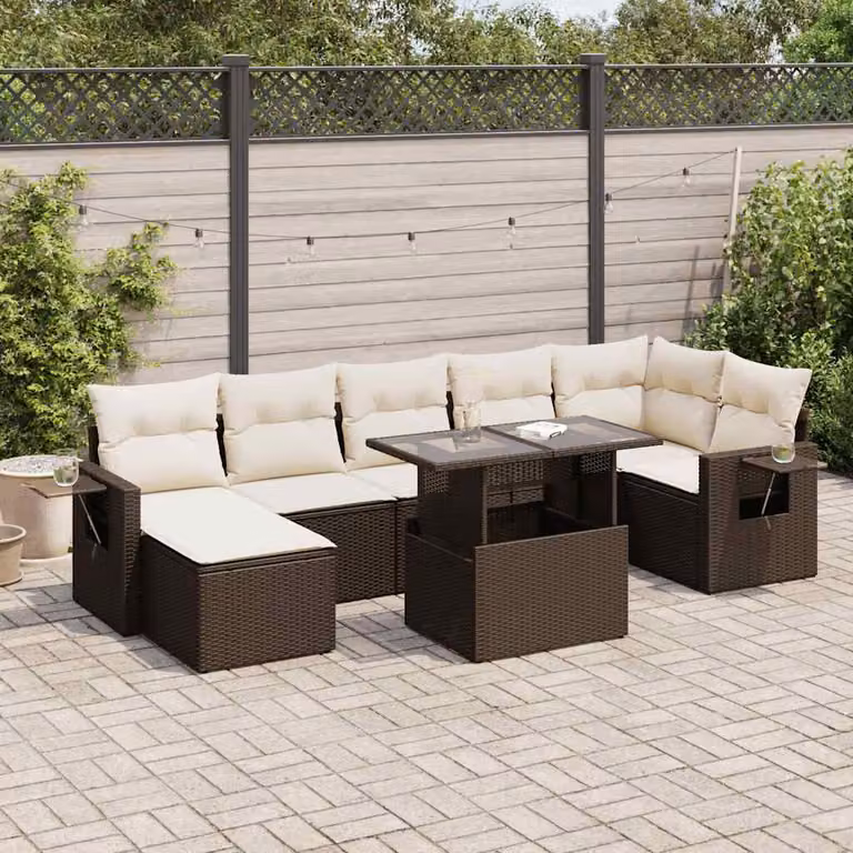 Set Divani da Giardino vidaXL 8 Pezzi a Forma di U con Cuscini Marroni e Bianchi in Polyrattan e Acciaio