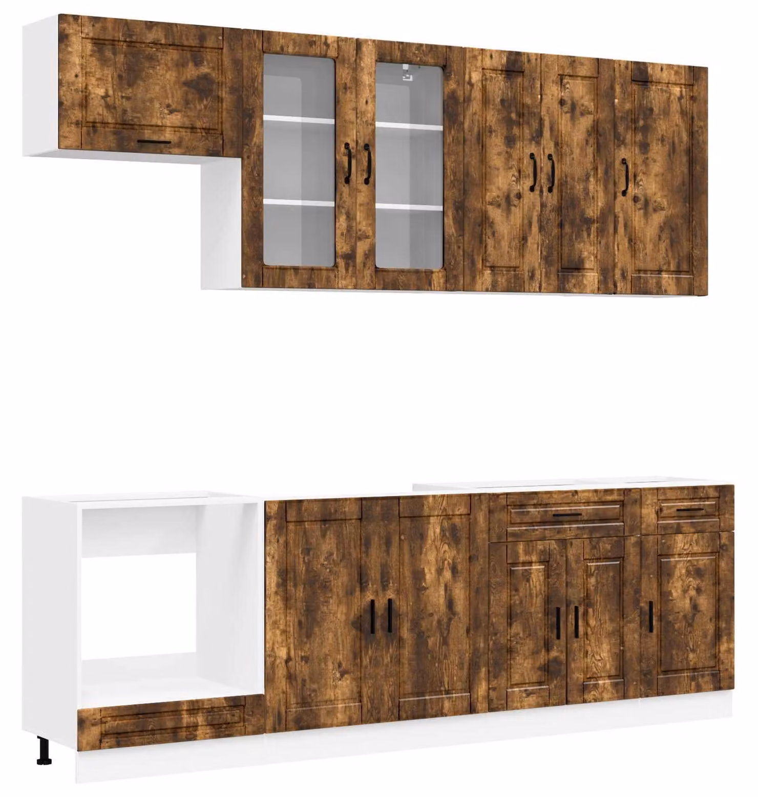Set da cucina PORTO, 8 pezzi, realizzato in legno impiallacciato di quercia affumicata