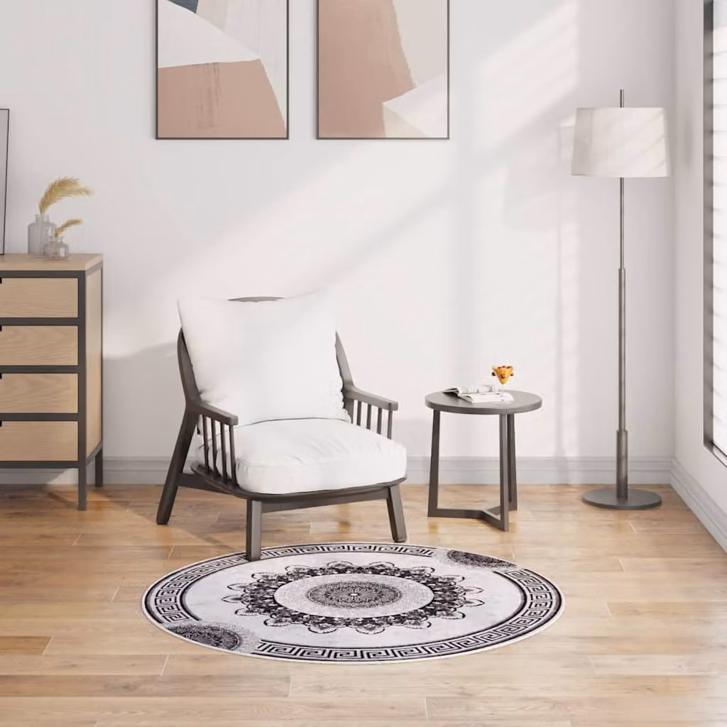 vidaXL Tappeto Rotondo Lavabile Antiscivolo e Assorbente del Suono in Poliestere, Nero, Grigio e Bianco, Diametro: 120 cm