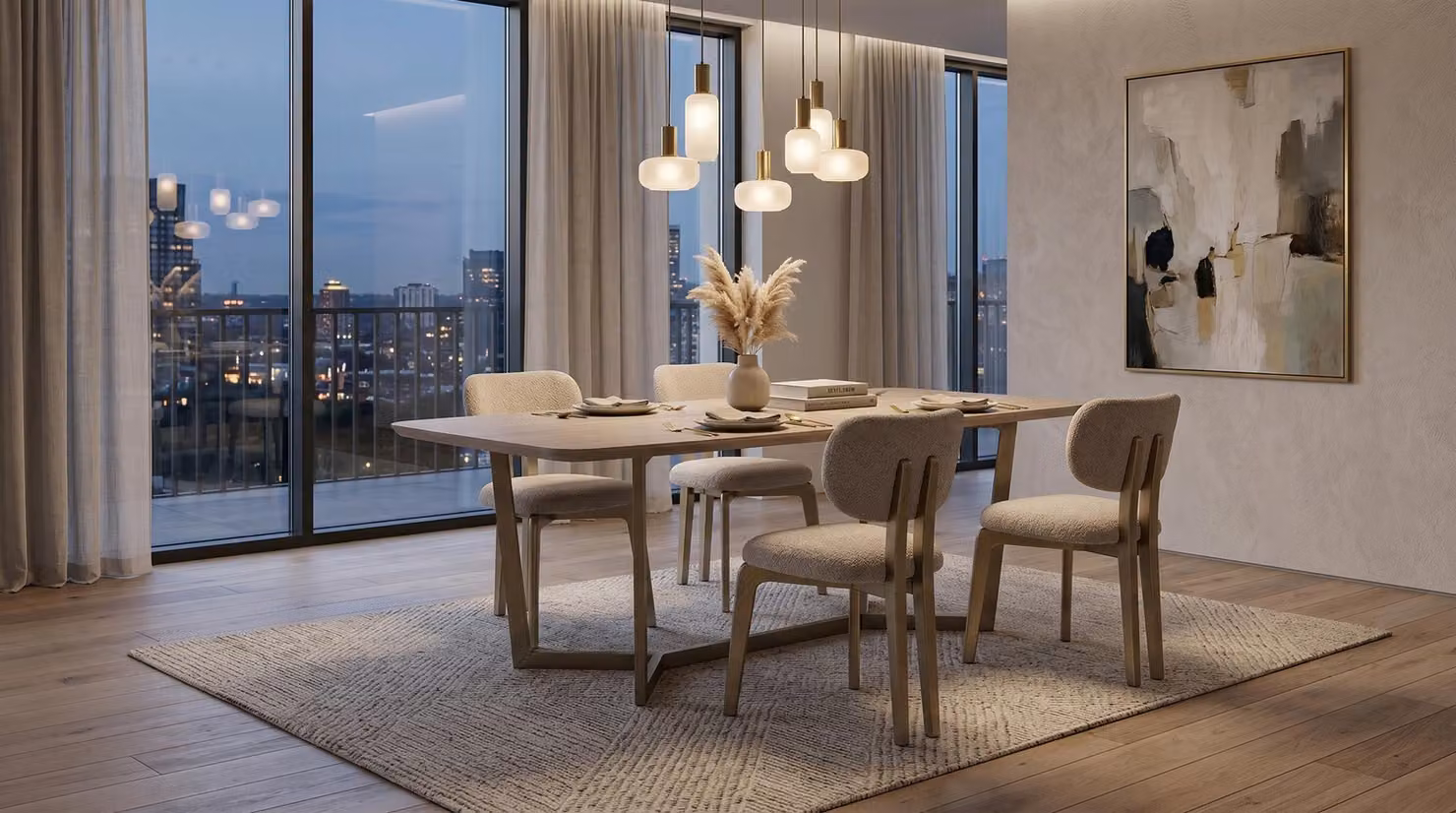 Set da pranzo moderno beige, composto da tavolo da pranzo e sedie, dal design elegante e di tendenza