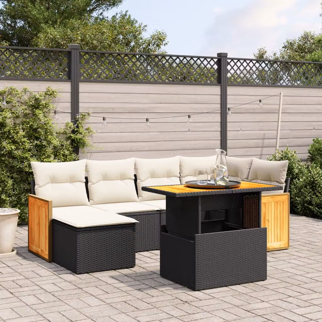 vidaXL Set Divani da Giardino a L con Cuscini 7pz in Polyrattan Nero e Legno di Acacia – 1